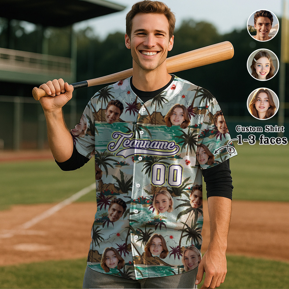 Custom Hawaiian Baseball Jersey with Face Teamname Name Number Personalized Hawaii Floral Shirt for Men Women - makephotopuzzleuk