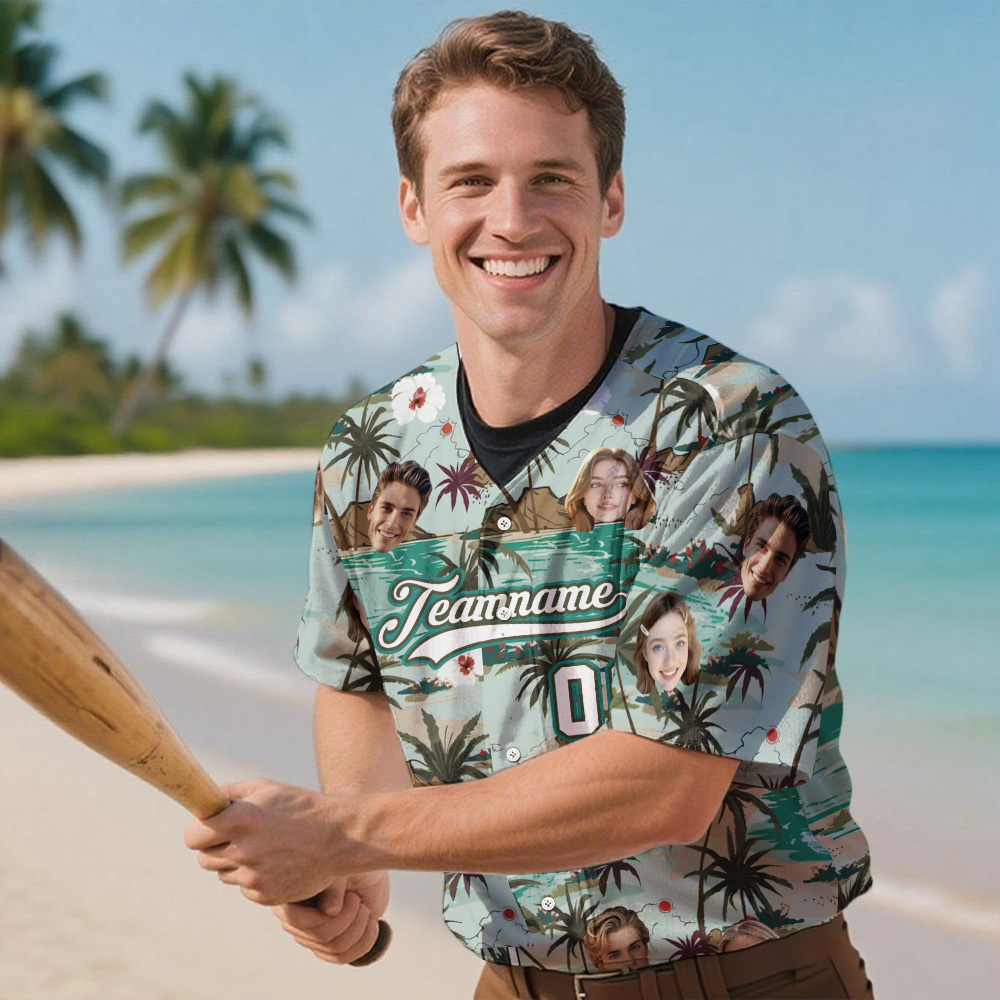 Custom Hawaiian Baseball Jersey with Face Teamname Name Number Personalized Hawaii Floral Shirt for Men Women - makephotopuzzleuk