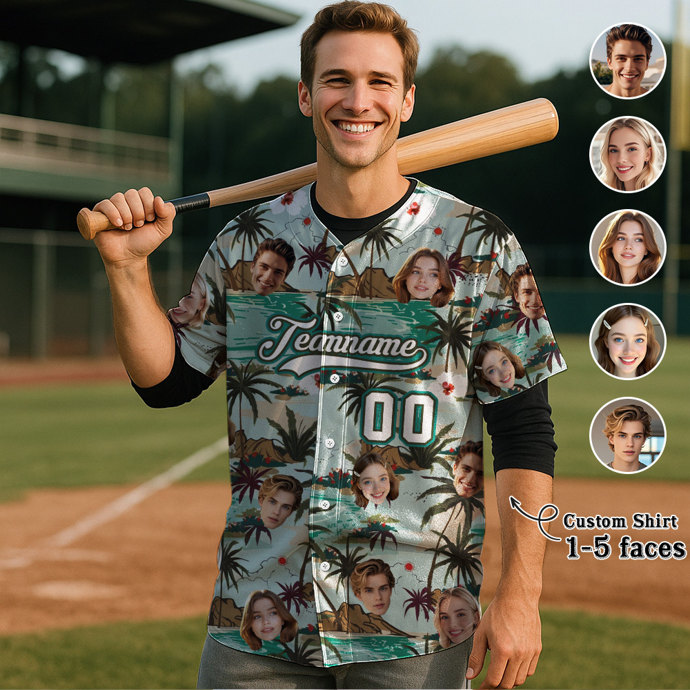 Custom Hawaiian Baseball Jersey with Face Teamname Name Number Personalized Hawaii Floral Shirt for Men Women - makephotopuzzleuk