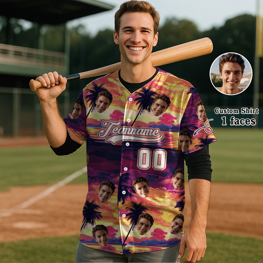 Custom Hawaiian Baseball Jersey with Face Teamname Name Number Personalized Hawaii Floral Shirt for Men Women - makephotopuzzleuk