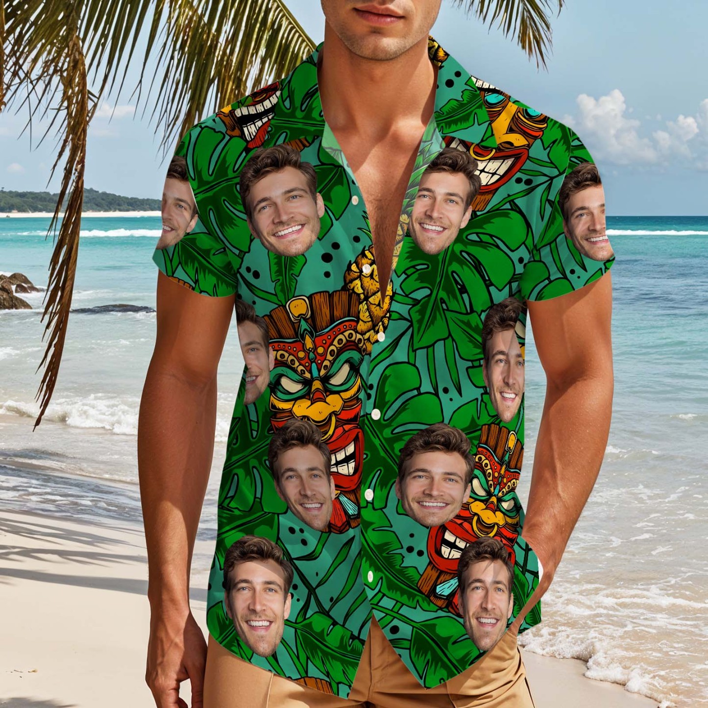 Custom Face Tiki Hawaiian Shirt Tropical Green Vacation Aloha Beach Shirt for Men, Funny Summer Gift - makephotopuzzleuk