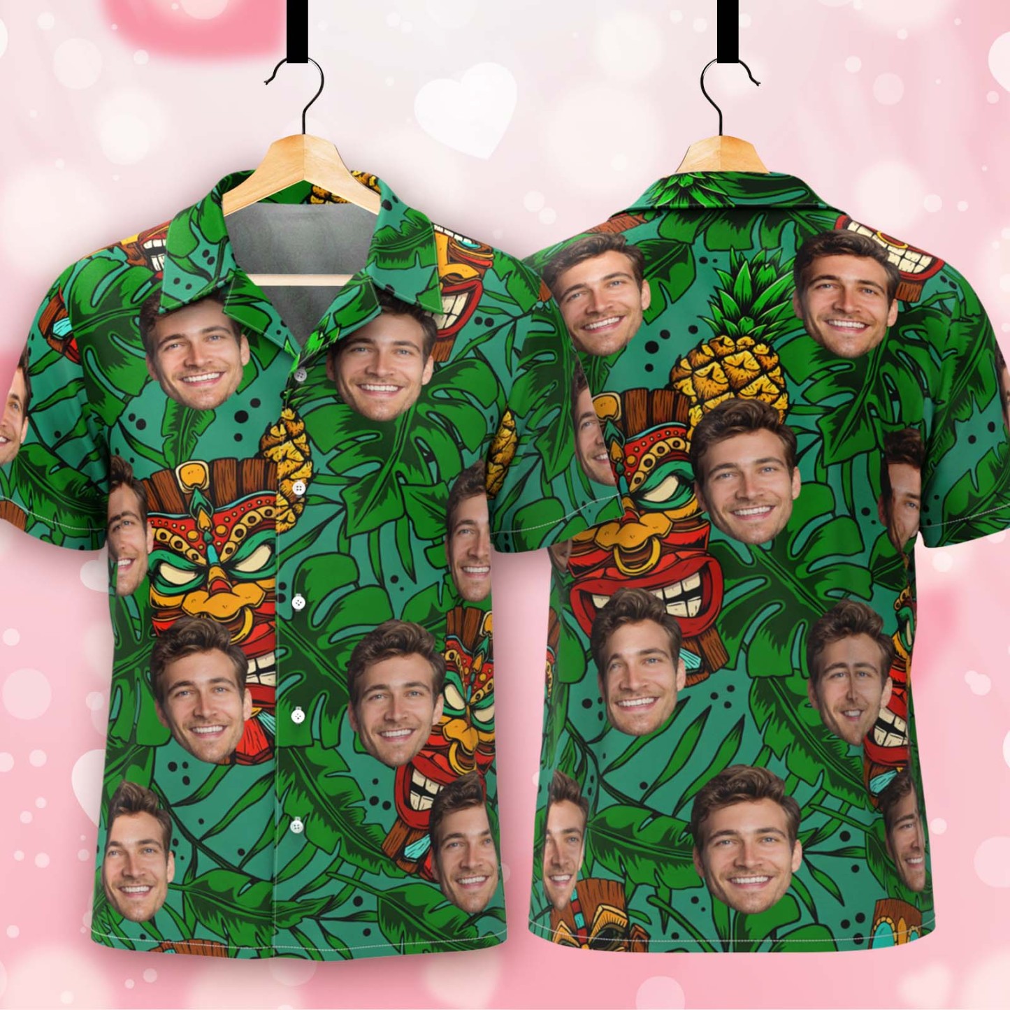 Custom Face Tiki Hawaiian Shirt Tropical Green Vacation Aloha Beach Shirt for Men, Funny Summer Gift - makephotopuzzleuk