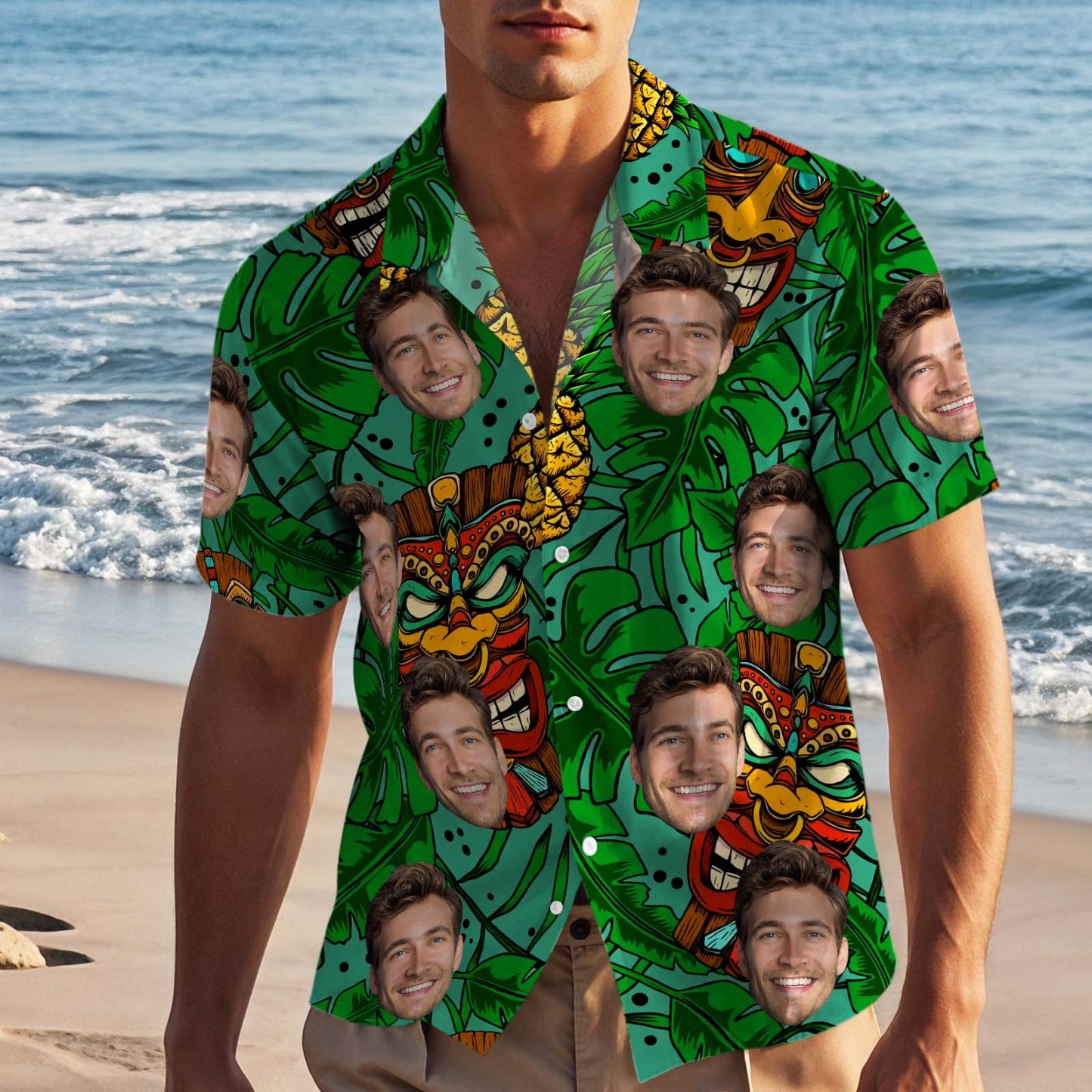 Custom Face Tiki Hawaiian Shirt Tropical Green Vacation Aloha Beach Shirt for Men, Funny Summer Gift - makephotopuzzleuk