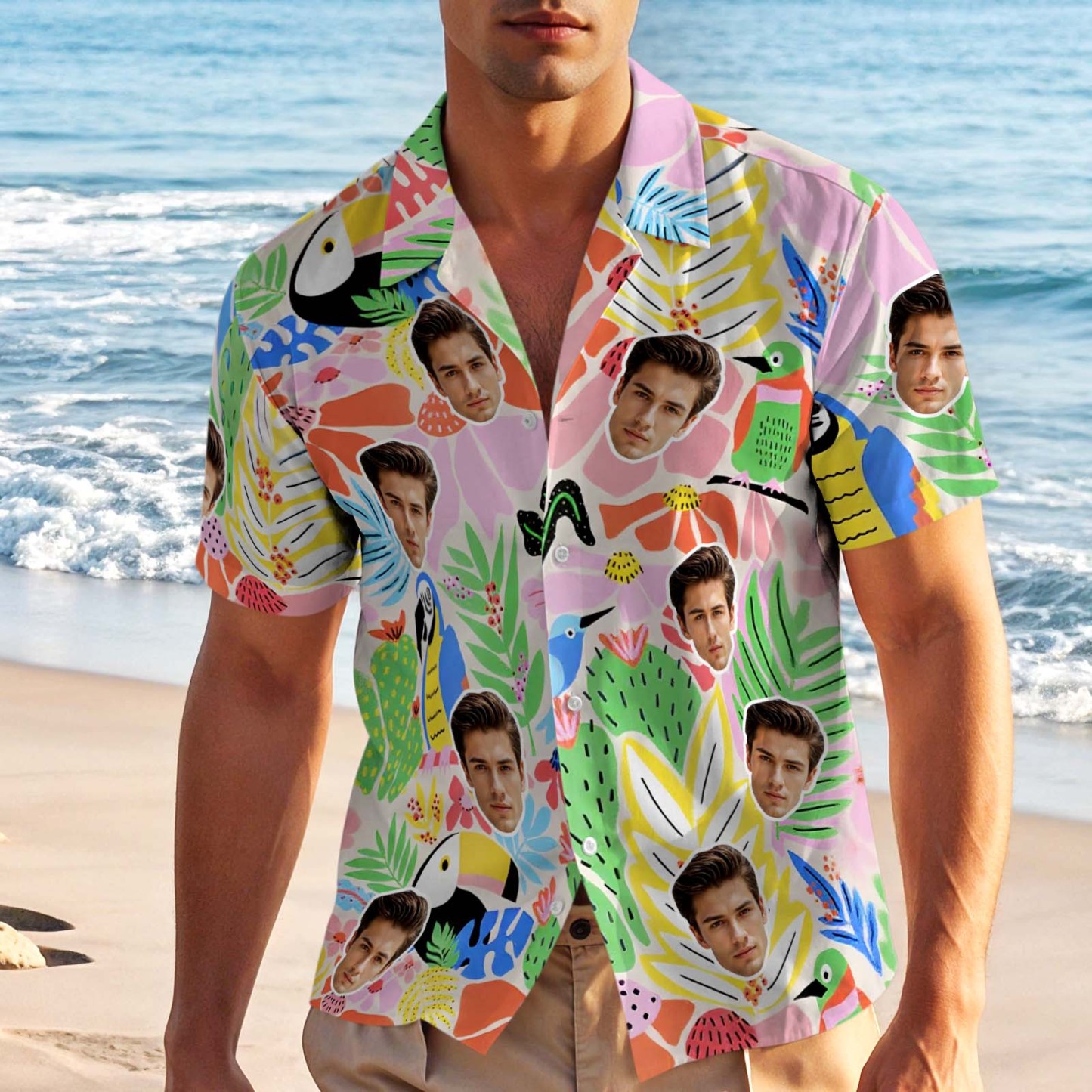 Colorful Tropical Custom Face Hawaiian Shirt Personalized Aloha Shirt Summer Beach Party Outfit for Men - makephotopuzzleuk