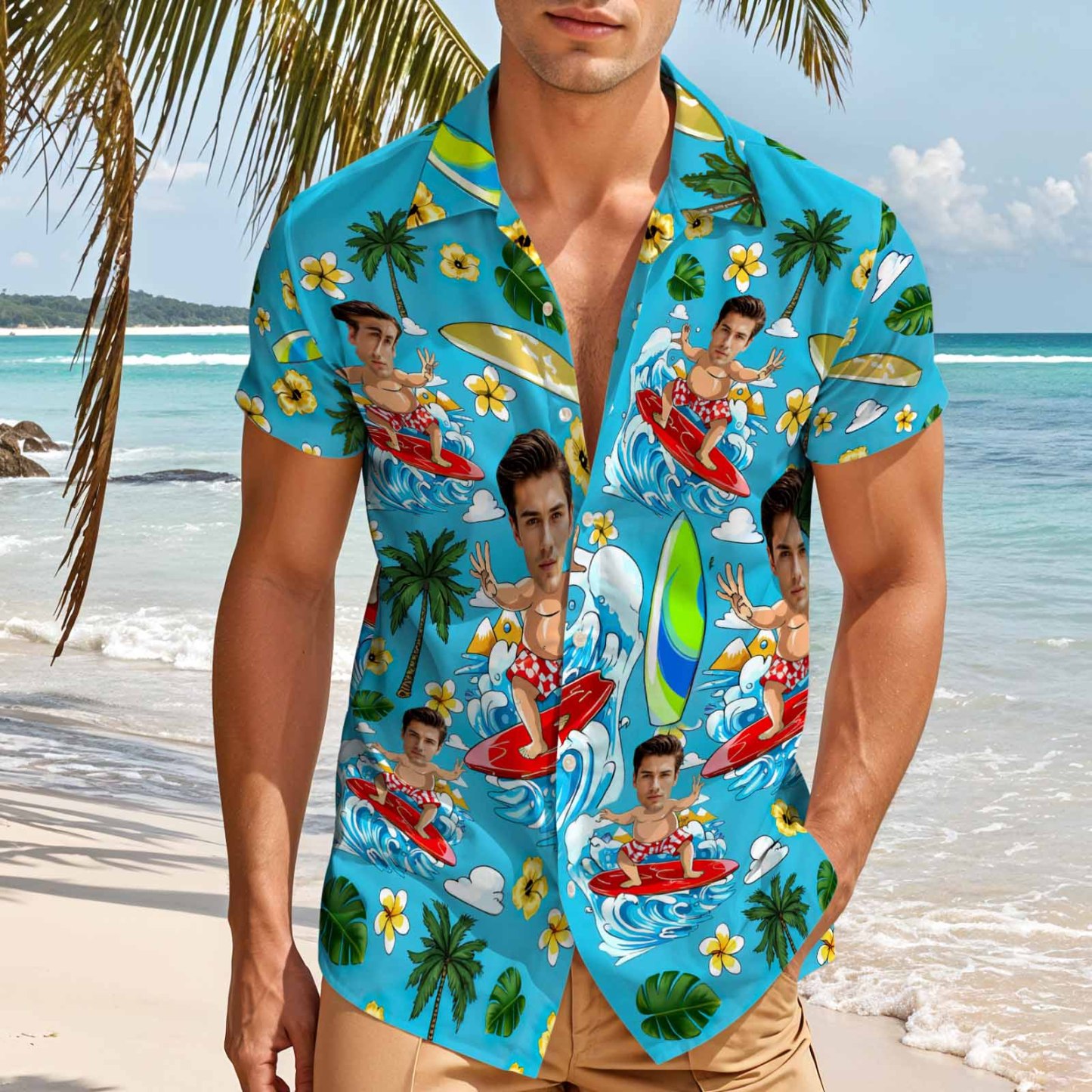 Custom Blue Hawaiian Shirt Personalized Photo Beach Surf Shirt Face Shirt - makephotopuzzleuk