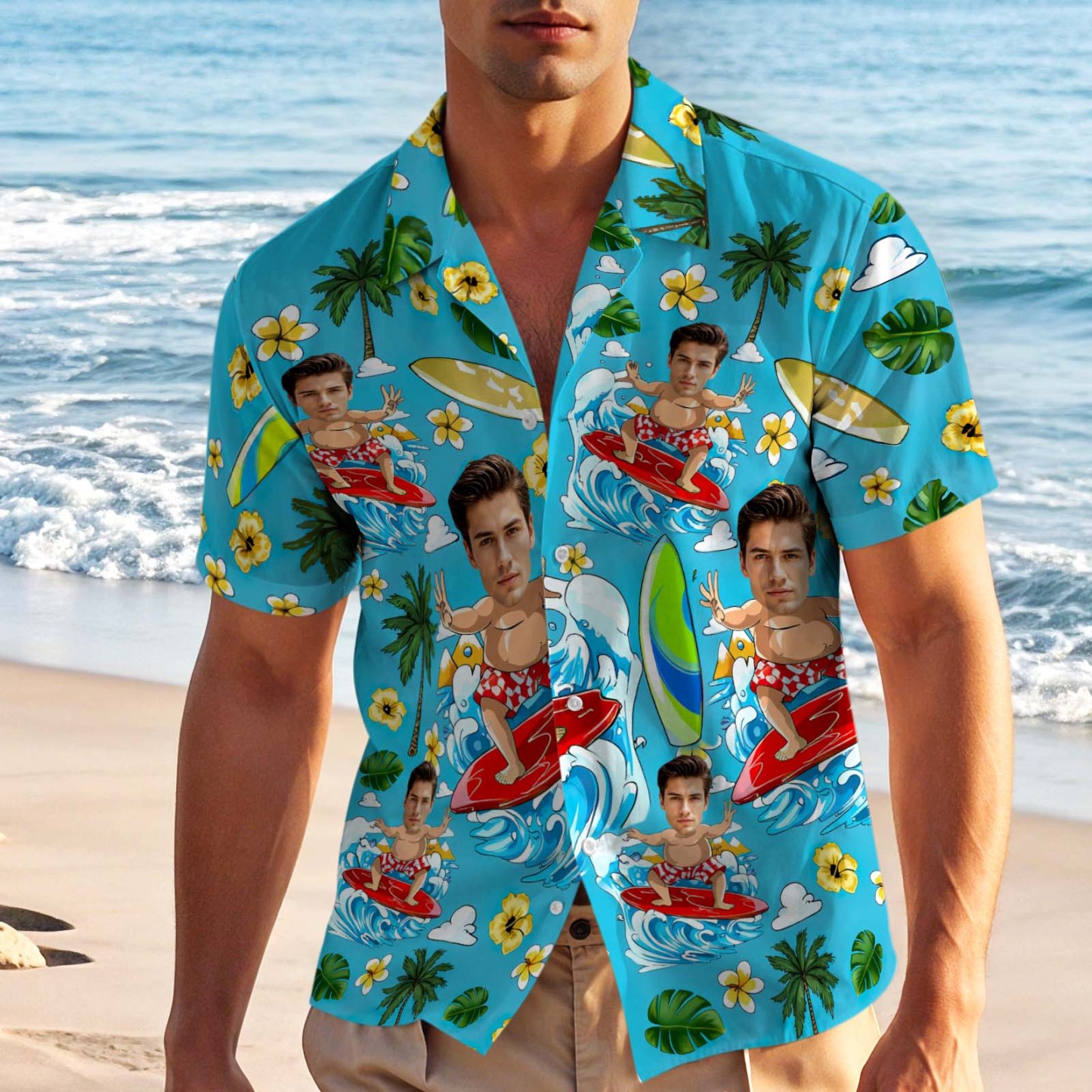 Custom Blue Hawaiian Shirt Personalized Photo Beach Surf Shirt Face Shirt - makephotopuzzleuk