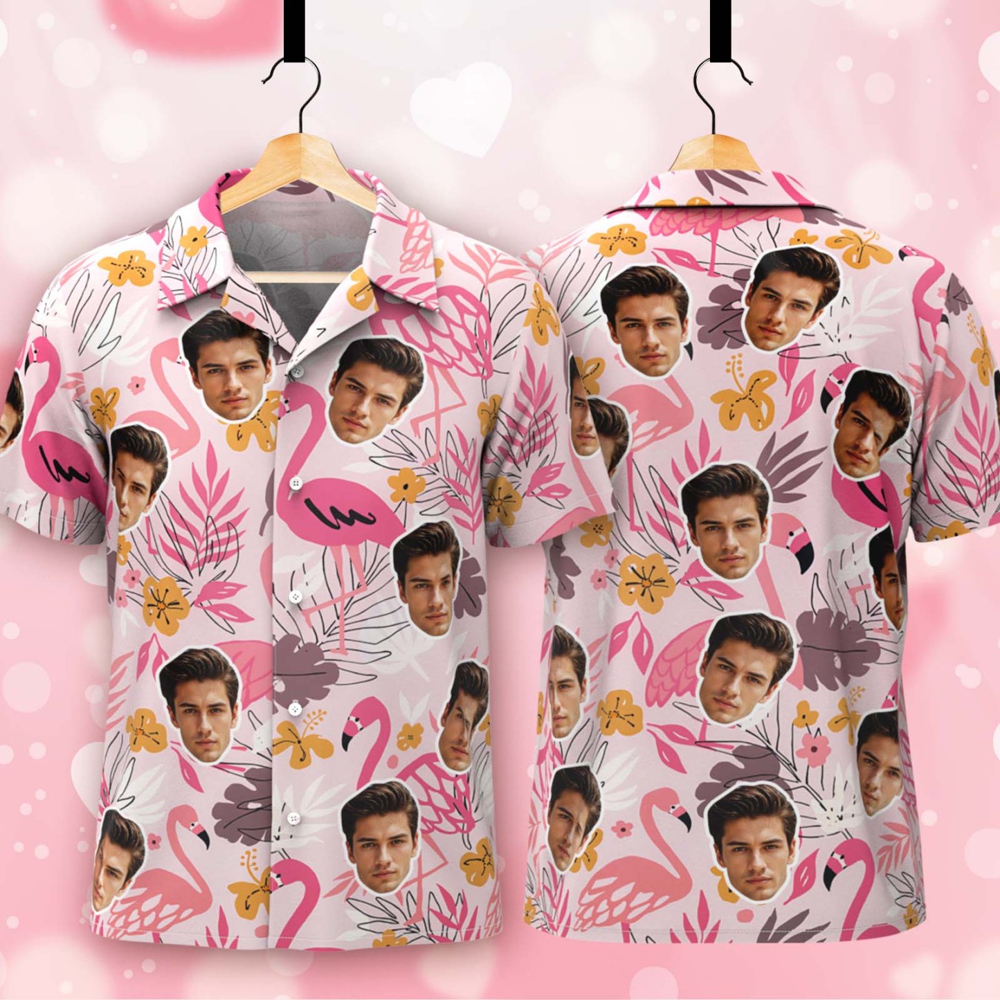 Custom Face Hawaiian Shirt Personalized Photo Beach Shirt Pink Flamingo Shirt - makephotopuzzleuk