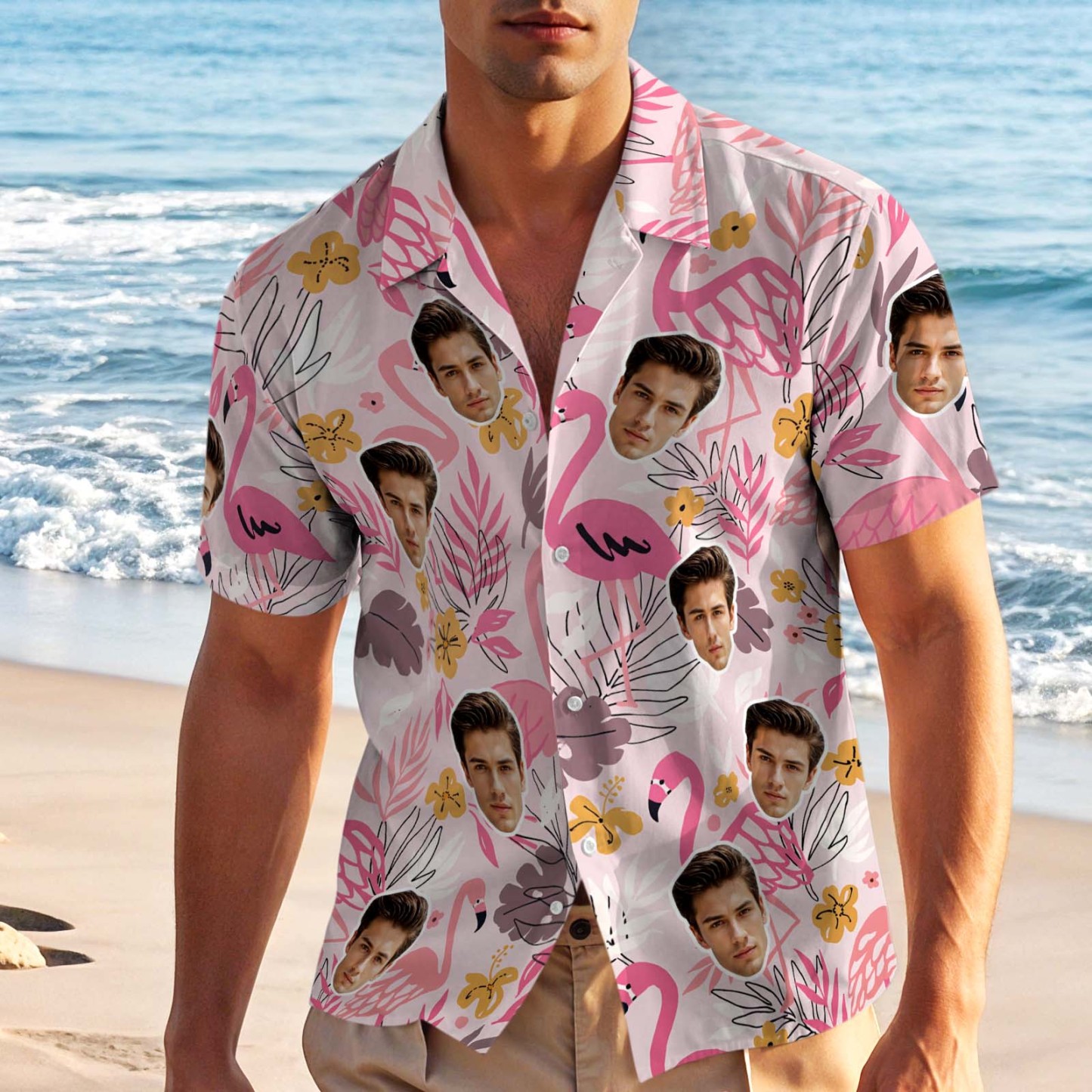 Custom Face Hawaiian Shirt Personalized Photo Beach Shirt Pink Flamingo Shirt - makephotopuzzleuk
