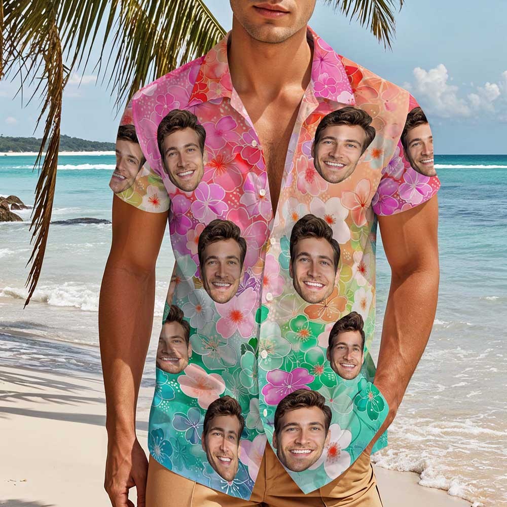 Custom Face Hawaiian Shirt Personalized Photo Beach Shirt 3D Effect Floral shirt - makephotopuzzleuk