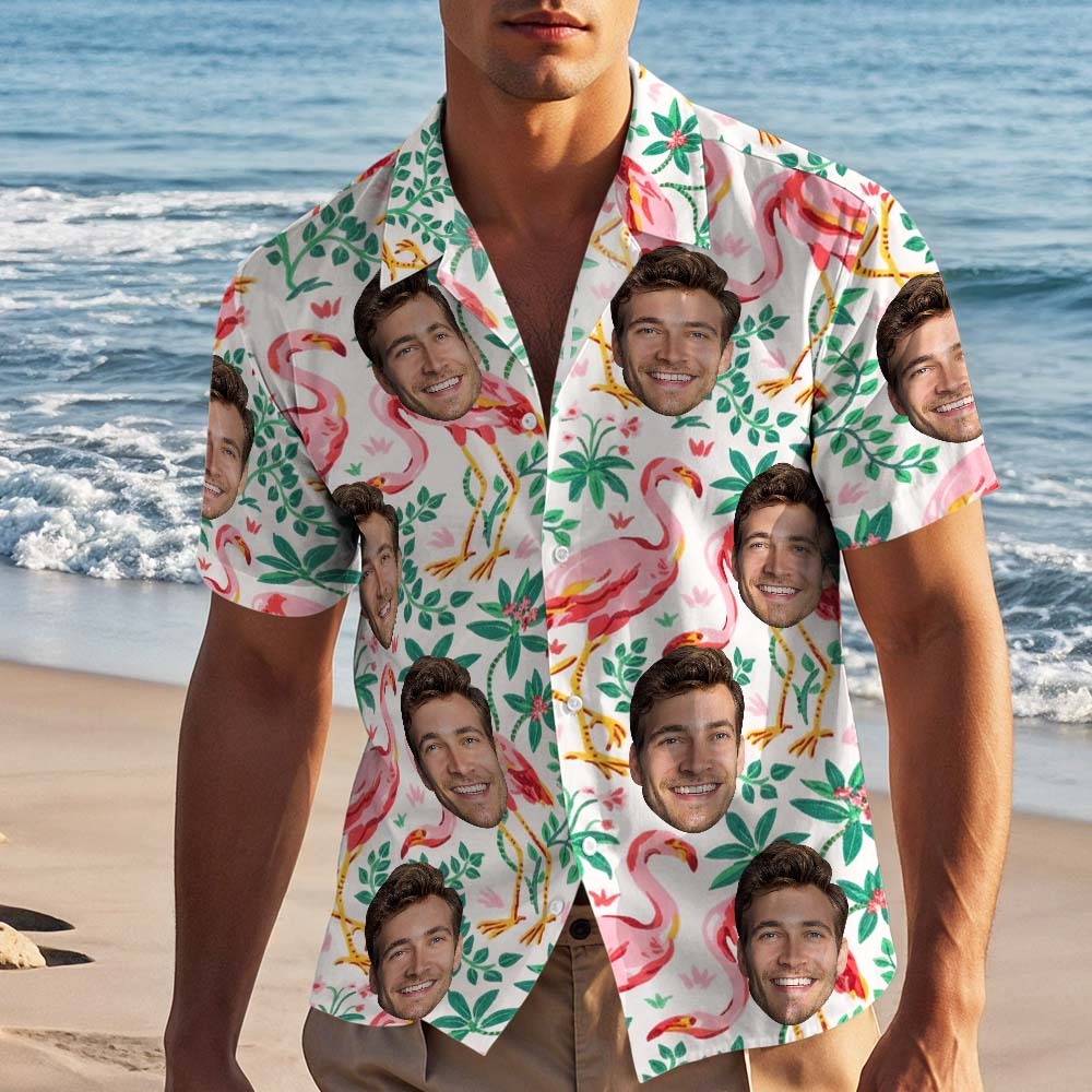 Personalized Face Hawaiian Shirt Funny Flamingo Print Tropical Button Up for Men - makephotopuzzleuk