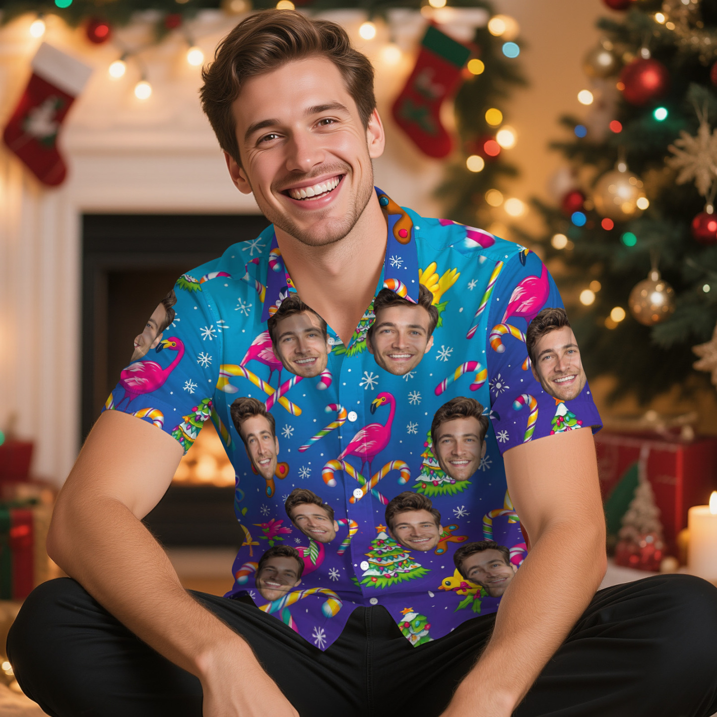 Personalized Christmas Flamingo Hawaiian Shirt Custom Face Tropical Holiday Party Shirt - makephotopuzzleuk