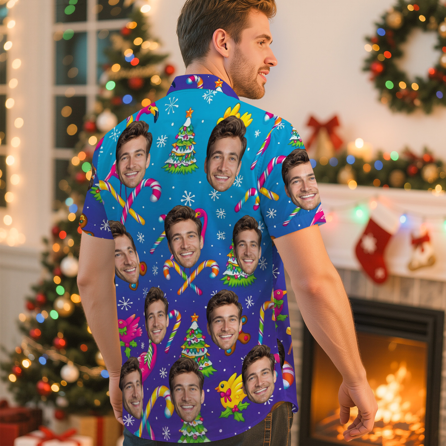 Personalized Christmas Flamingo Hawaiian Shirt Custom Face Tropical Holiday Party Shirt - makephotopuzzleuk