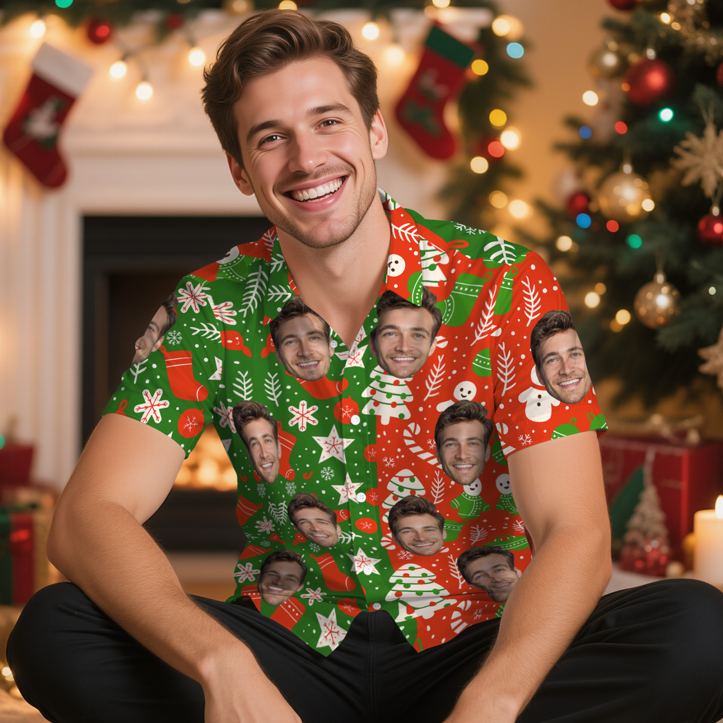 Custom Face Christmas Hawaiian Shirt Personalized Holiday Party Shirt Personalized Christmas Button-down Shirt - makephotopuzzleuk