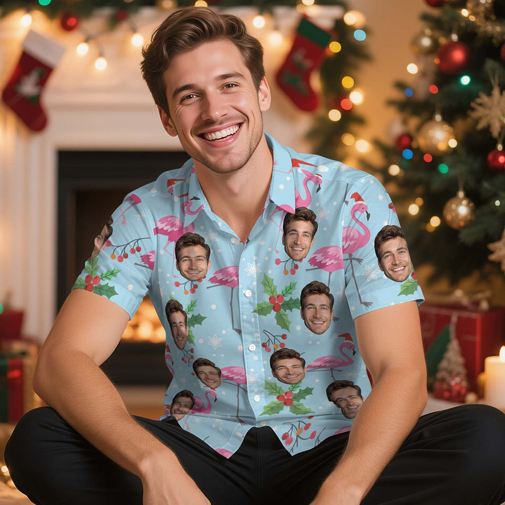 Custom Christmas Flamingo Face Shirt Personalized Holiday Photo Hawaiian Shirt - makephotopuzzleuk