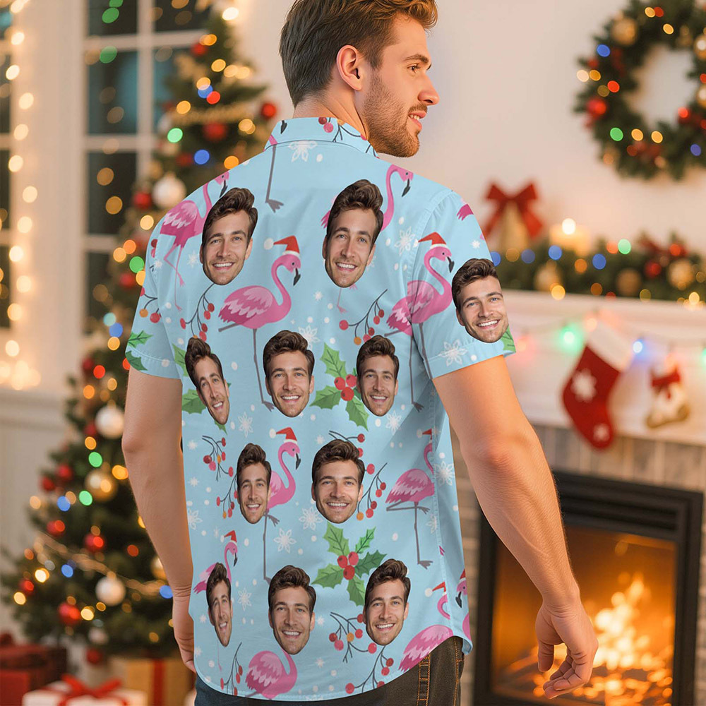 Custom Christmas Flamingo Face Shirt Personalized Holiday Photo Hawaiian Shirt - makephotopuzzleuk