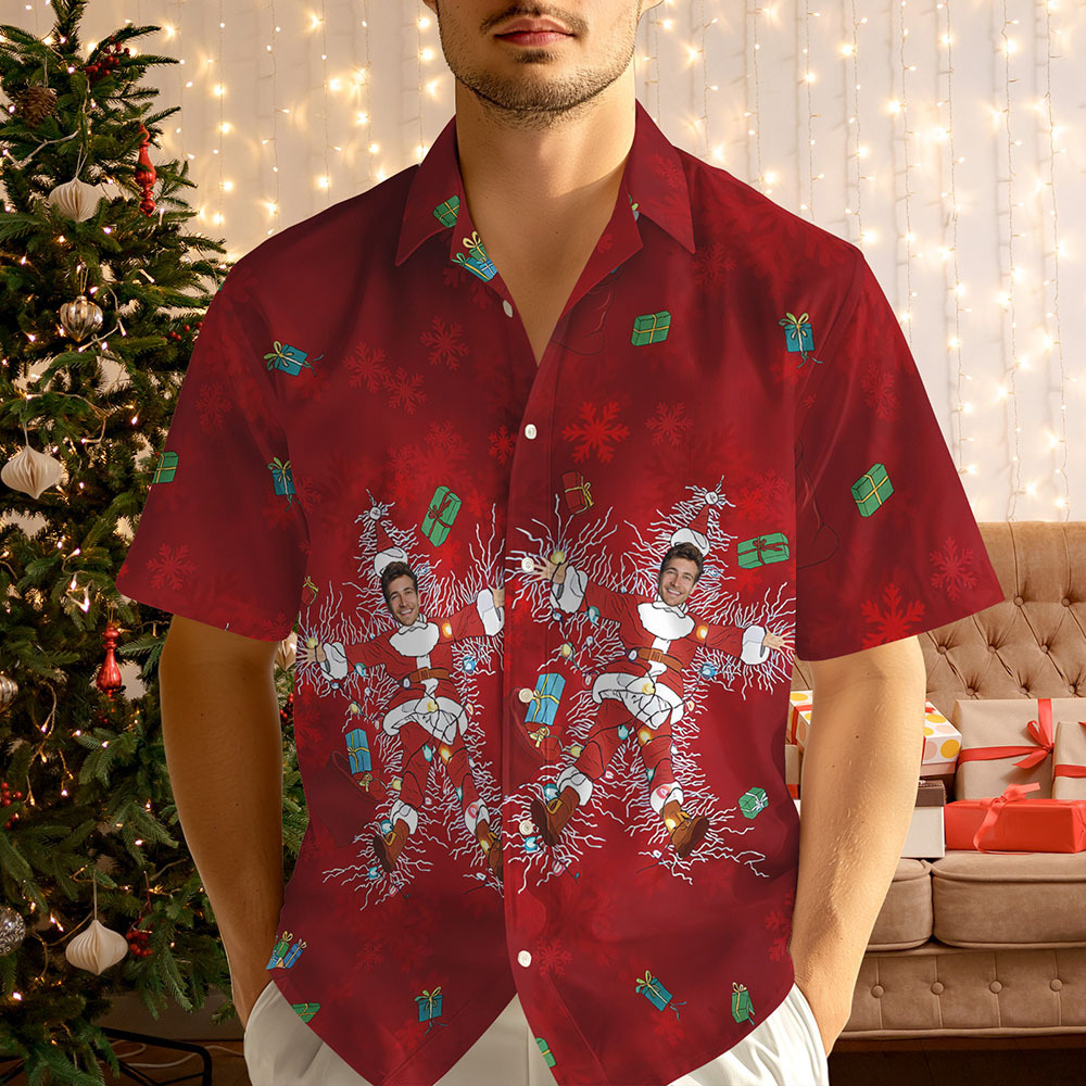 Personalized Red Christmas Snowflake Photo Shirt Custom Holiday Face Print Button-Up - makephotopuzzleuk