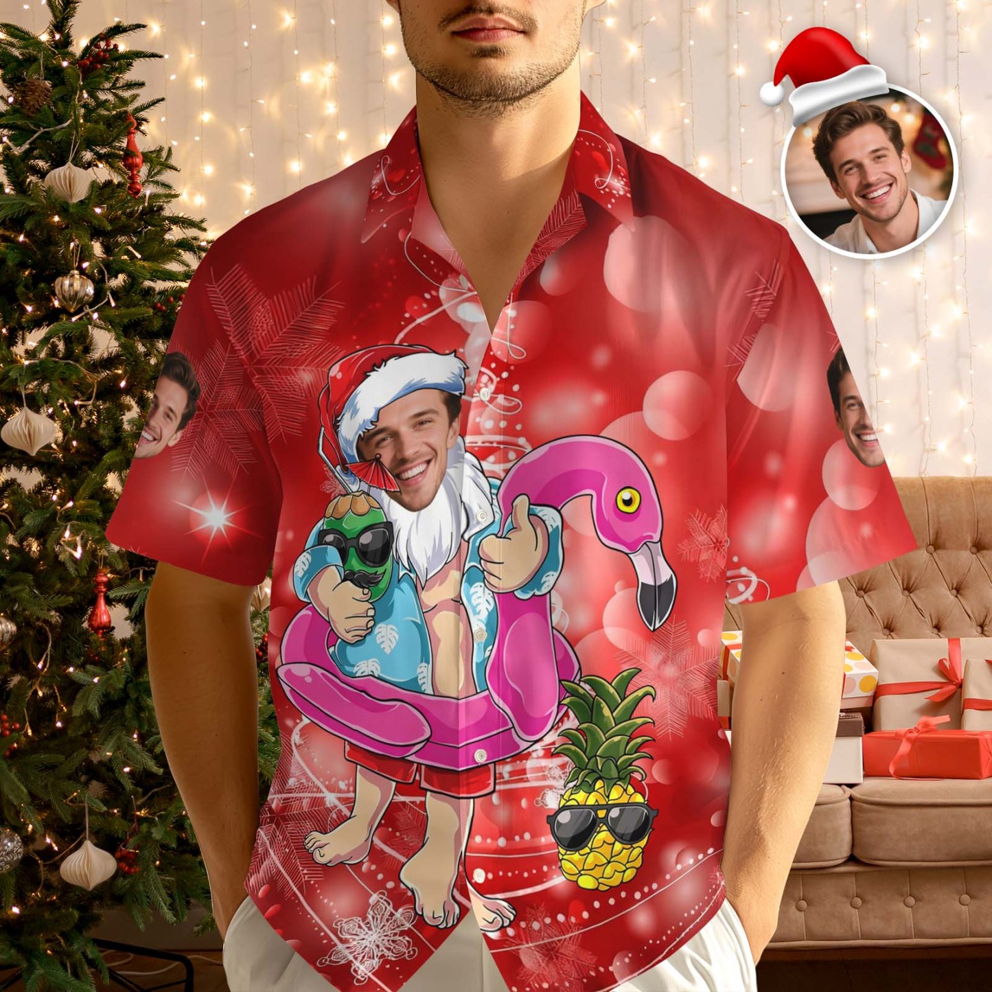 Custom Face Red Flamingo Santa Christmas Hawaiian Shirt Fun Tropical Holiday Design - makephotopuzzleuk