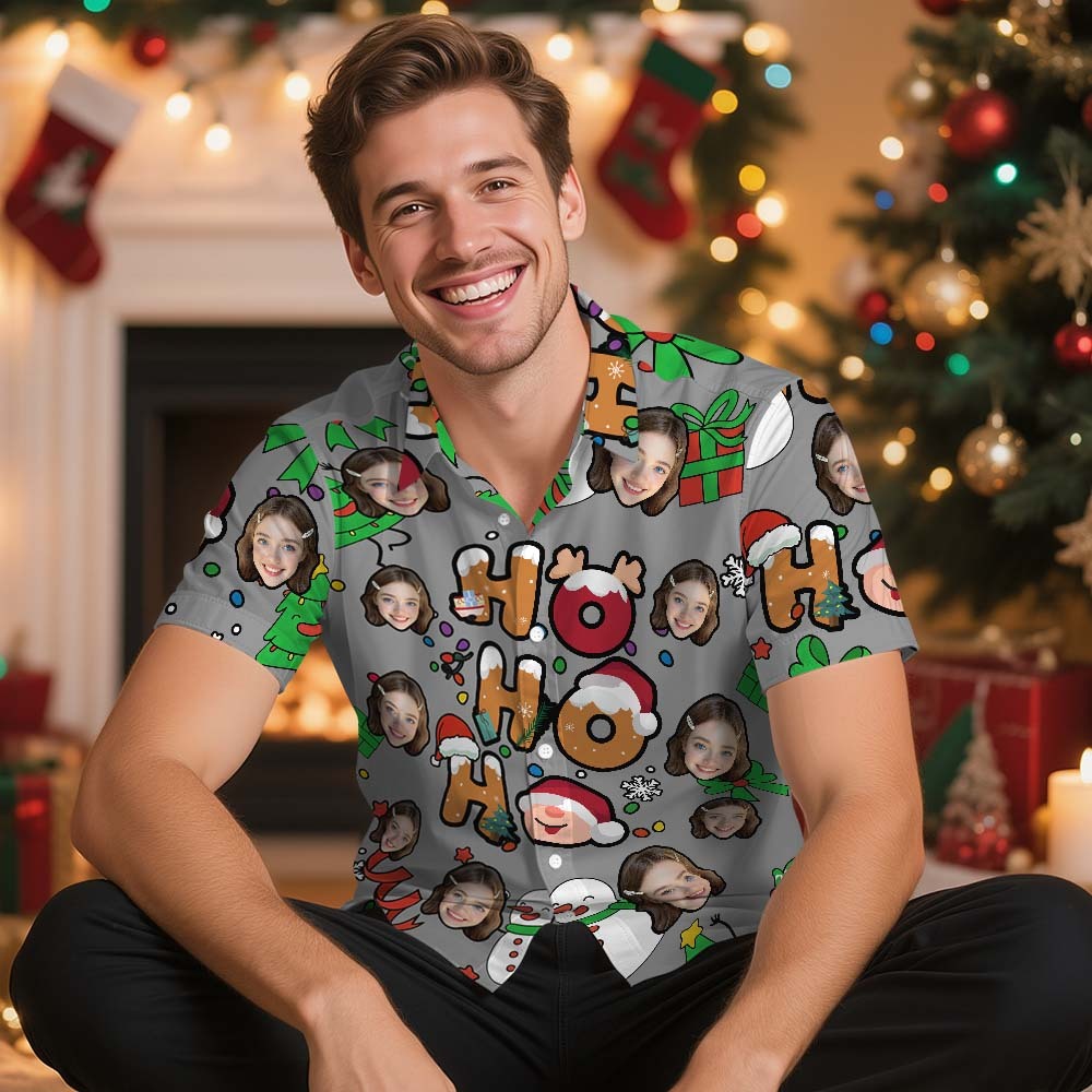 Custom Photo Hawaiian Shirt "HO HO HO" Christmas Hawaiian Shirt Cute Santa & Holiday Icons - makephotopuzzleuk