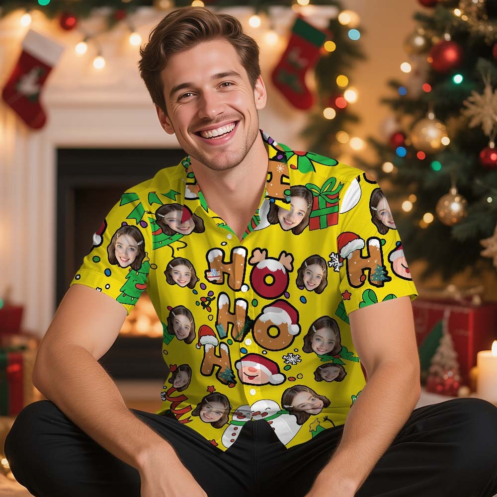 Custom Photo Hawaiian Shirt "HO HO HO" Christmas Hawaiian Shirt Cute Santa & Holiday Icons - makephotopuzzleuk