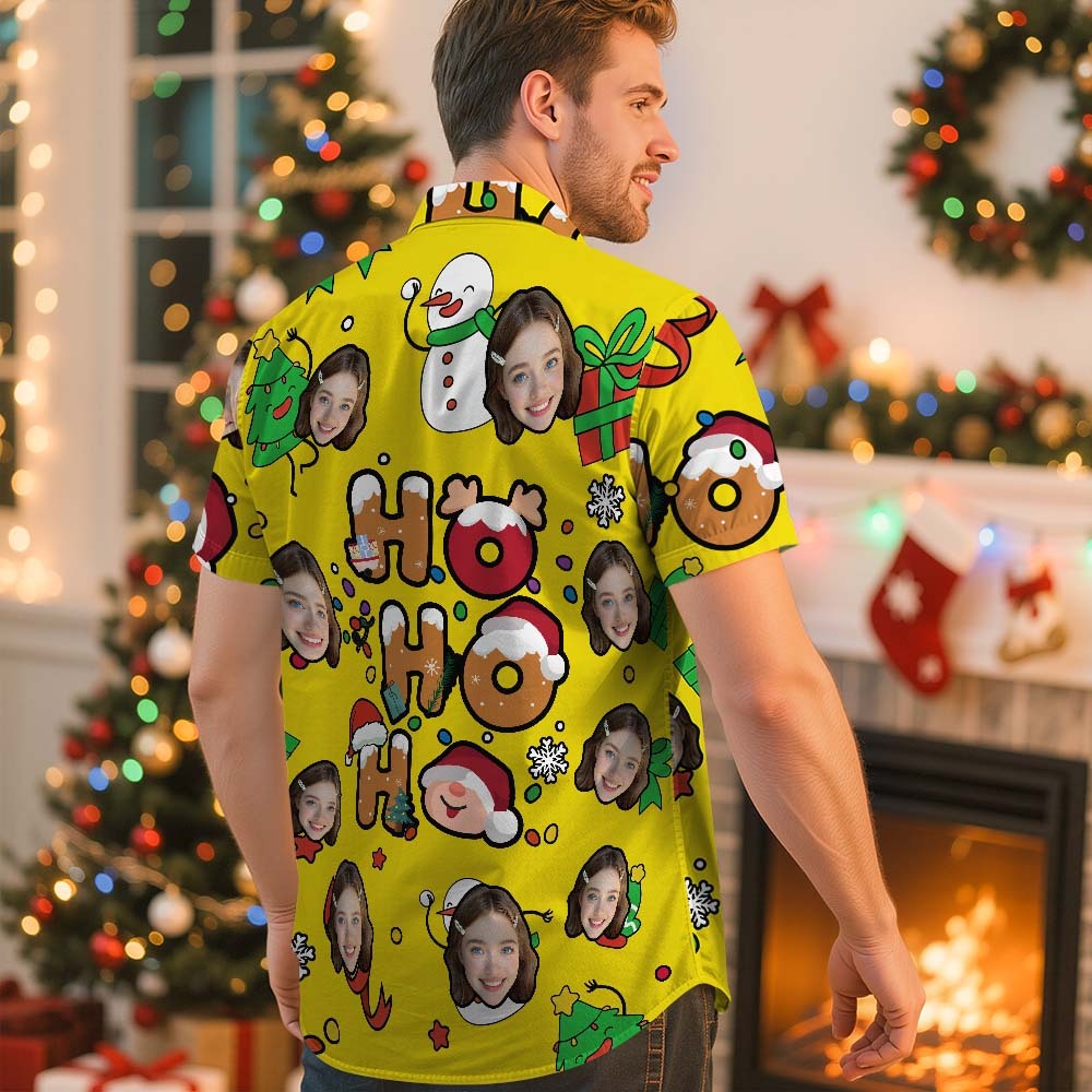 Custom Photo Hawaiian Shirt "HO HO HO" Christmas Hawaiian Shirt Cute Santa & Holiday Icons - makephotopuzzleuk