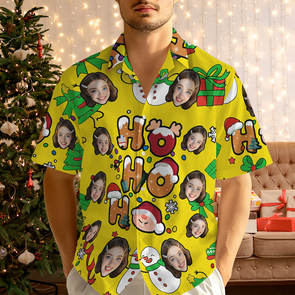 Custom Photo Hawaiian Shirt "HO HO HO" Christmas Hawaiian Shirt Cute Santa & Holiday Icons - makephotopuzzleuk