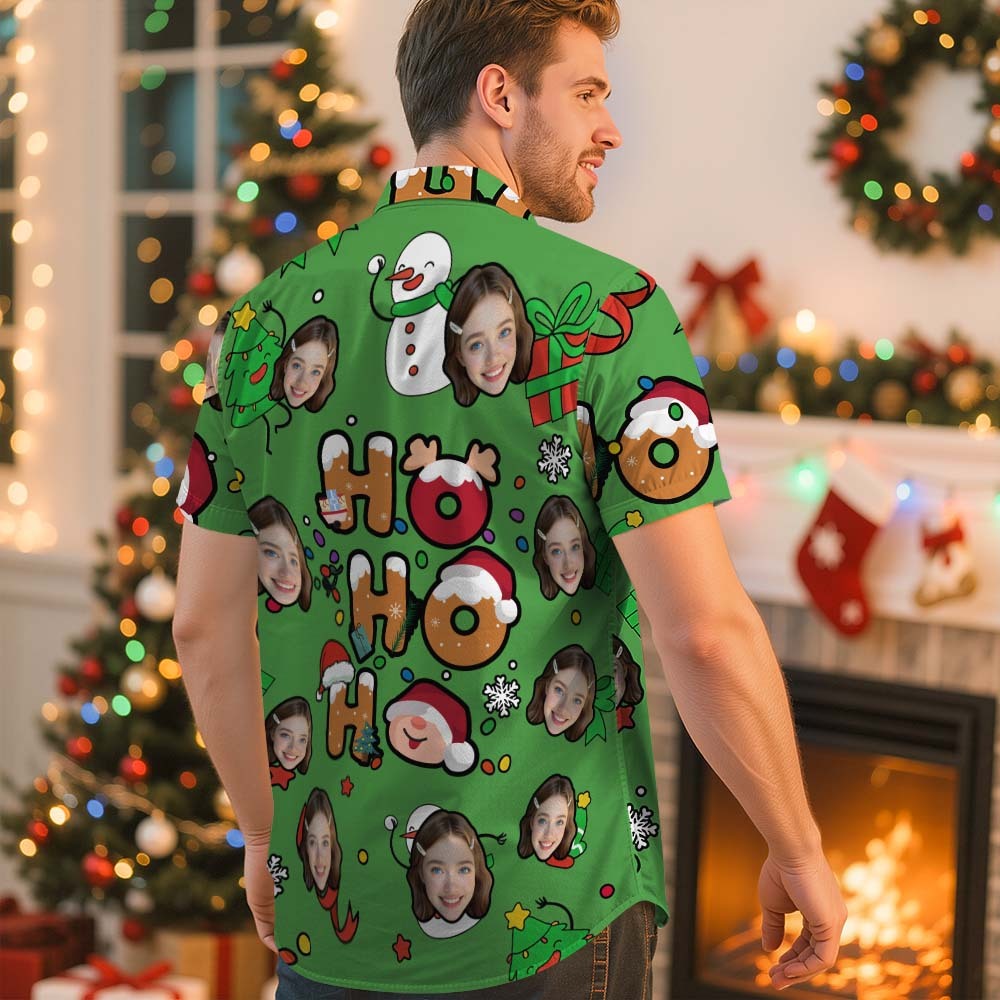 Custom Photo Hawaiian Shirt "HO HO HO" Christmas Hawaiian Shirt Cute Santa & Holiday Icons - makephotopuzzleuk