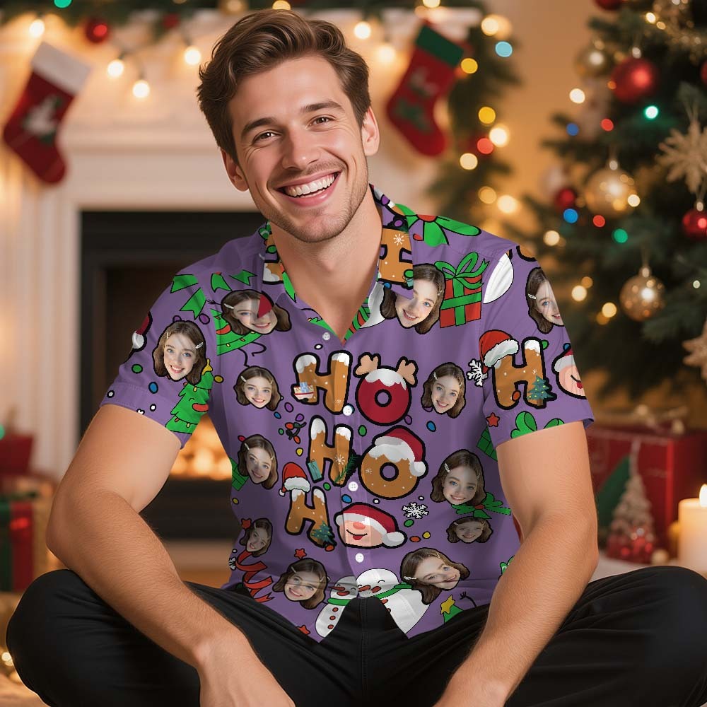 Custom Photo Hawaiian Shirt "HO HO HO" Christmas Hawaiian Shirt Cute Santa & Holiday Icons - makephotopuzzleuk