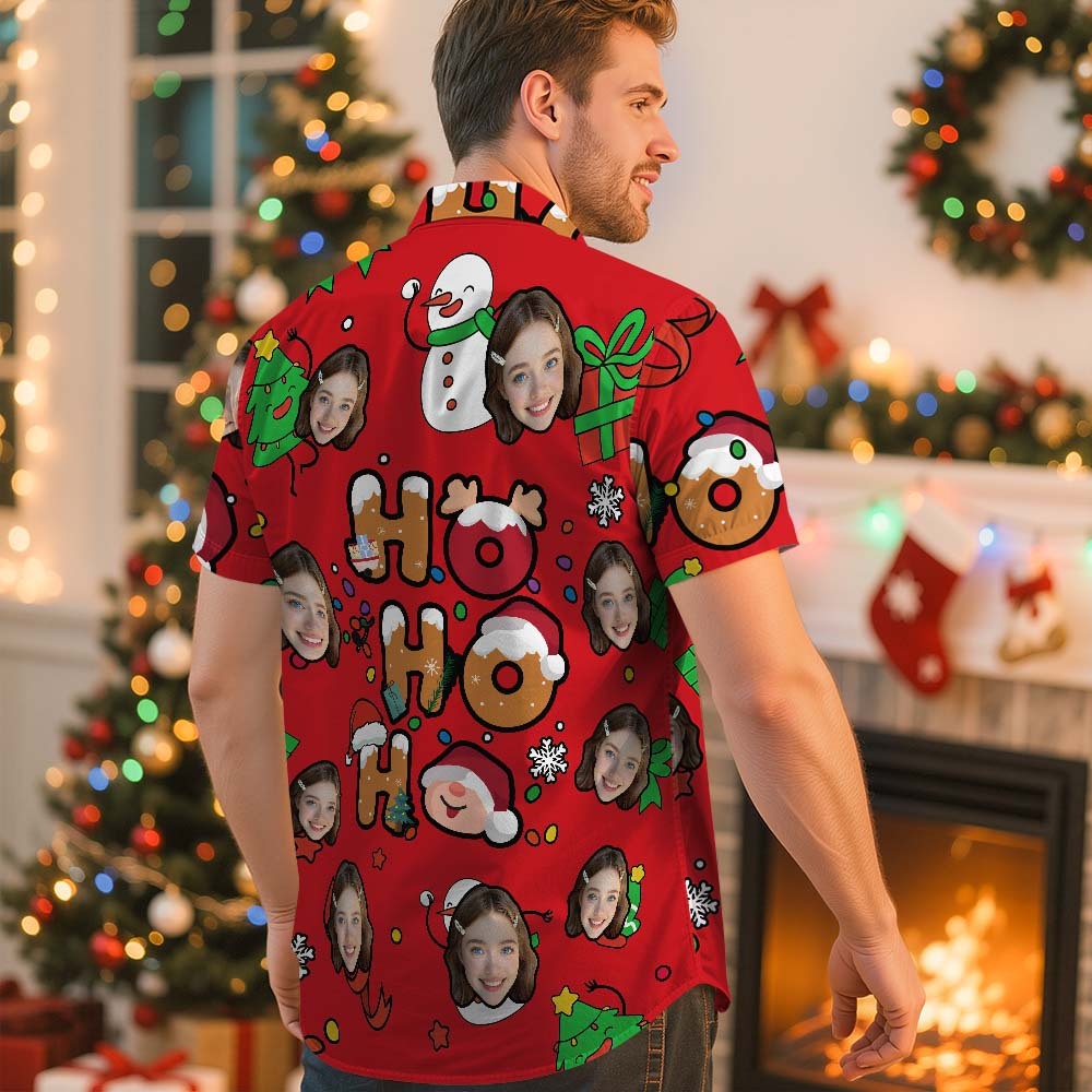 Custom Photo Hawaiian Shirt "HO HO HO" Christmas Hawaiian Shirt Cute Santa & Holiday Icons - makephotopuzzleuk