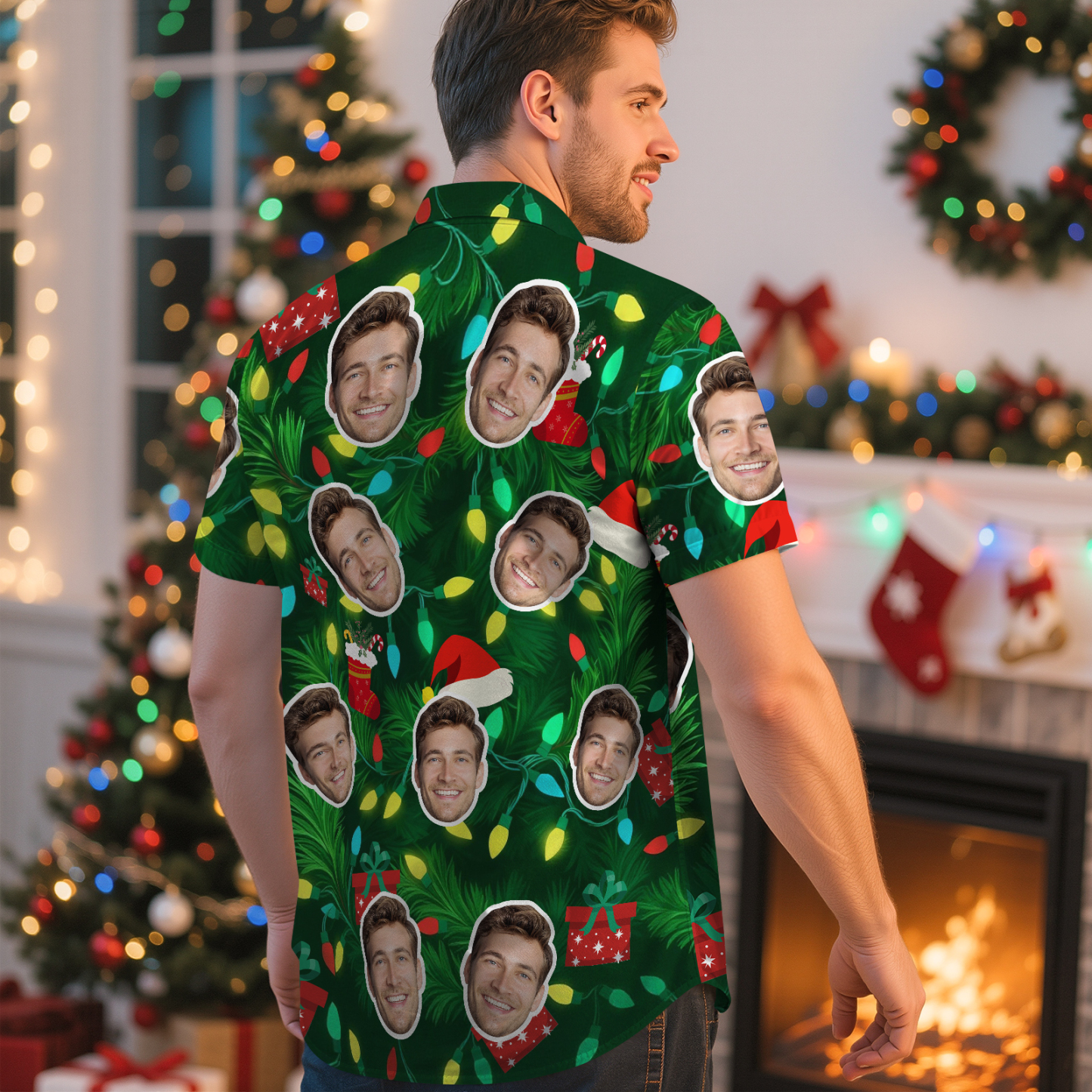 Custom Face Hawaiian Shirt Dark Green Christmas Lights & Wreath Hawaiian Shirt Holiday Pattern Design - makephotopuzzleuk