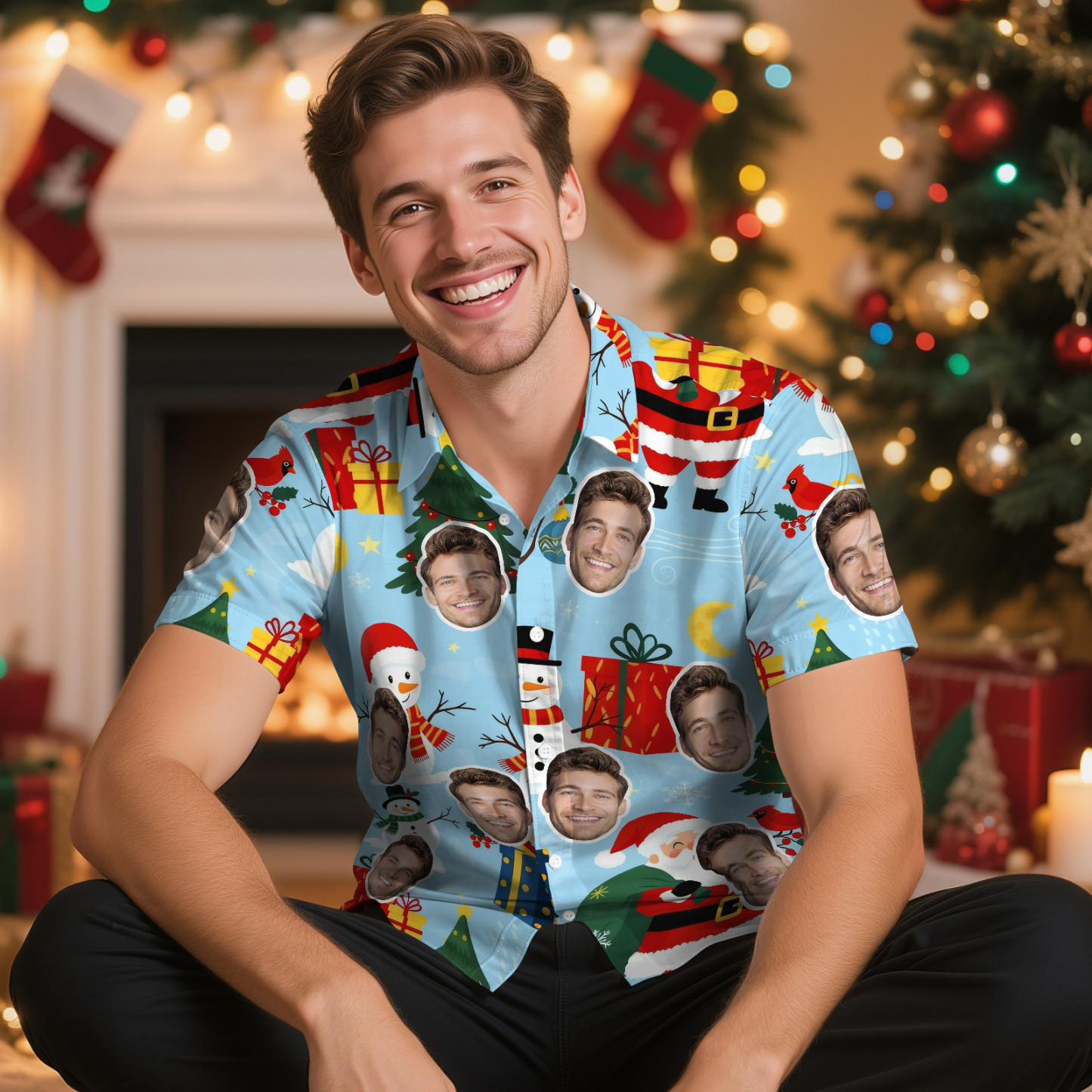 Custom Light Blue Christmas Gift Face Hawaiian Shirt Festive Icons & Personalized Faces - makephotopuzzleuk