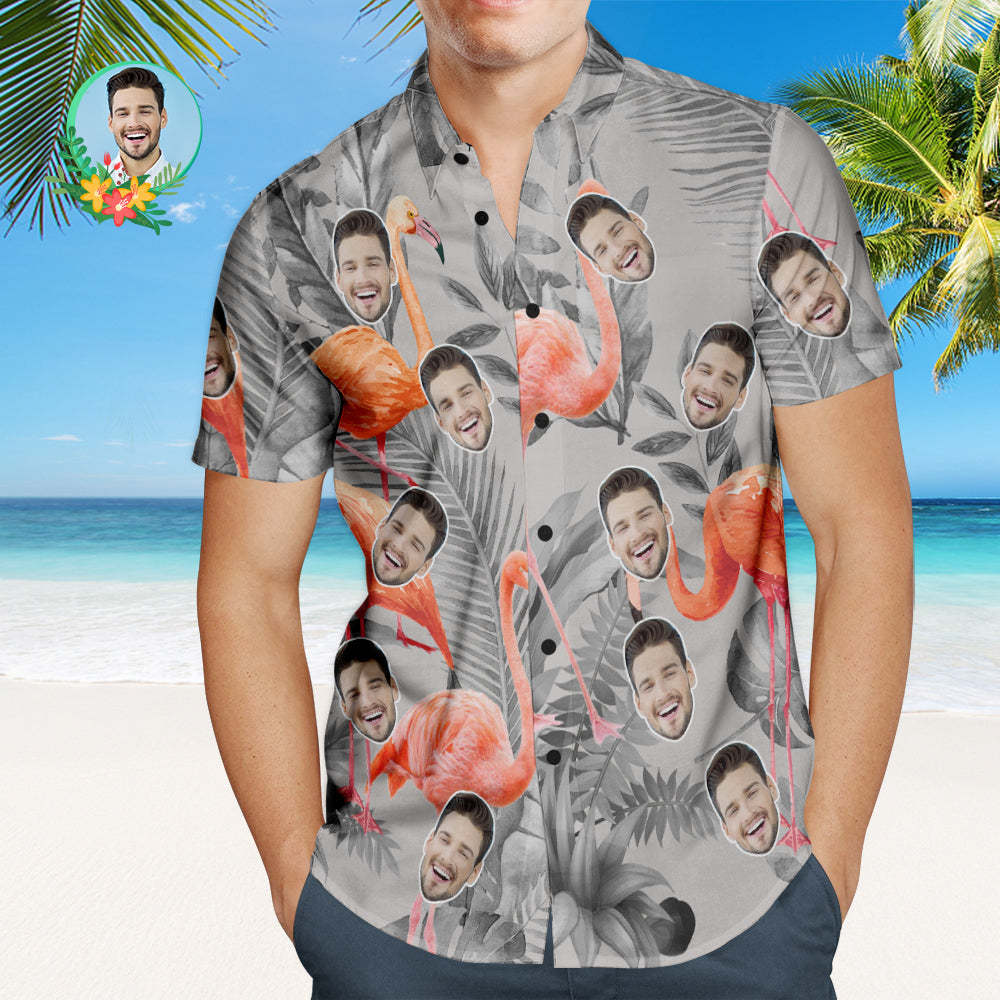 Custom Face Hawaiian Shirt Flamingo Party Personalised Shirt with Your Photo - makephotopuzzleuk