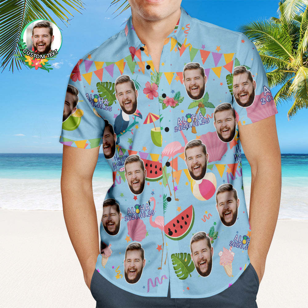 Custom Aloha Birthday Party Hawaiian Shirt Personalised Shirt with Your Face and Birthday Date - makephotopuzzleuk