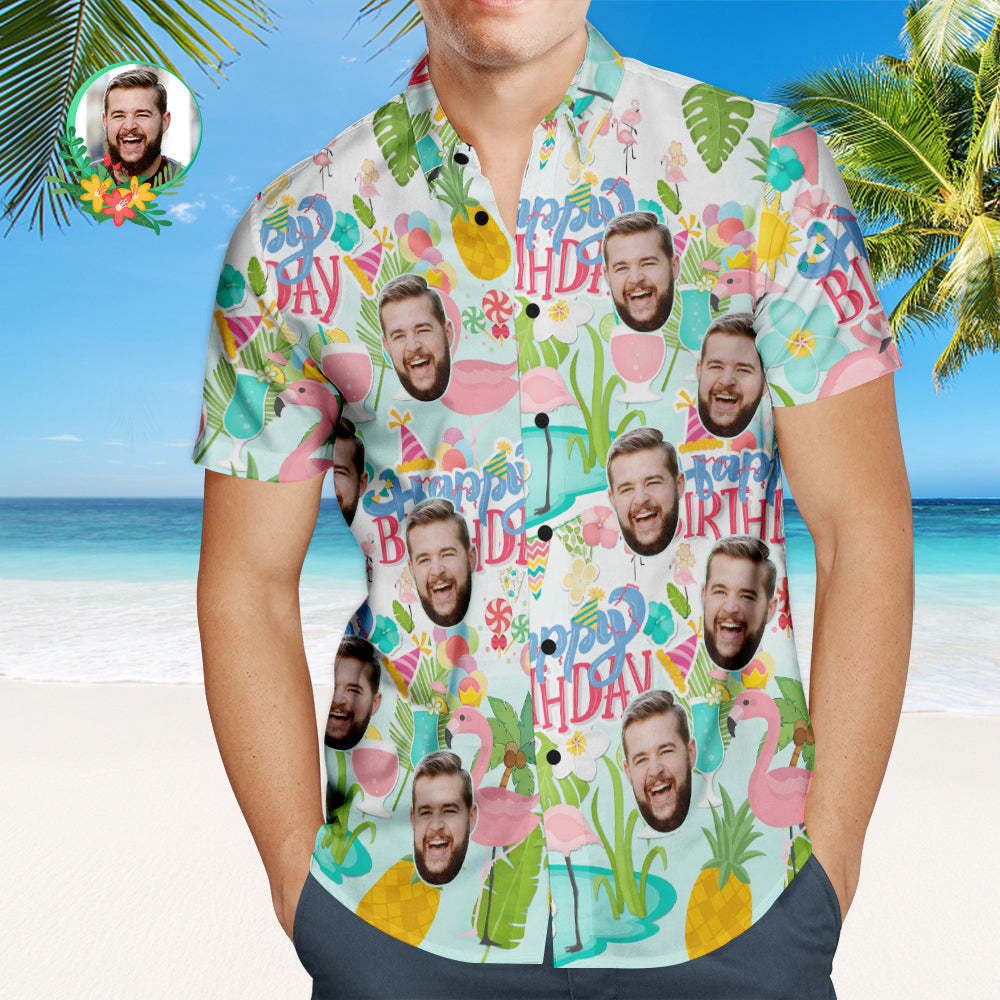Custom Happy Birthday Hawaiian Shirt Flamingo Party Personalised Face Shirt - makephotopuzzleuk