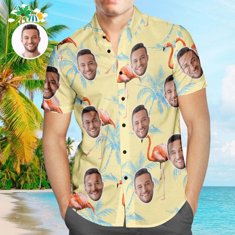 Custom Face Hawaiian Shirt Sunny Flamingo Personalised Aloha Beach Shirt For Men - makephotopuzzleuk