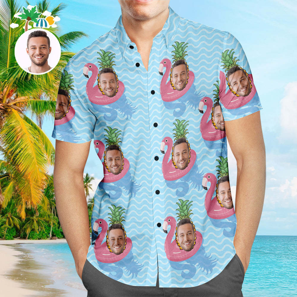 Custom Face Hawaiian Shirt Cool Flamingo Personalised Aloha Beach Shirt For Men - makephotopuzzleuk