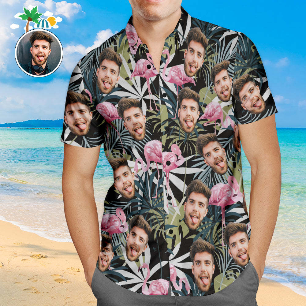 Custom Face Hawaiian Shirt Leaves and Flamingo Personalised Aloha Beach Shirt For Men - makephotopuzzleuk