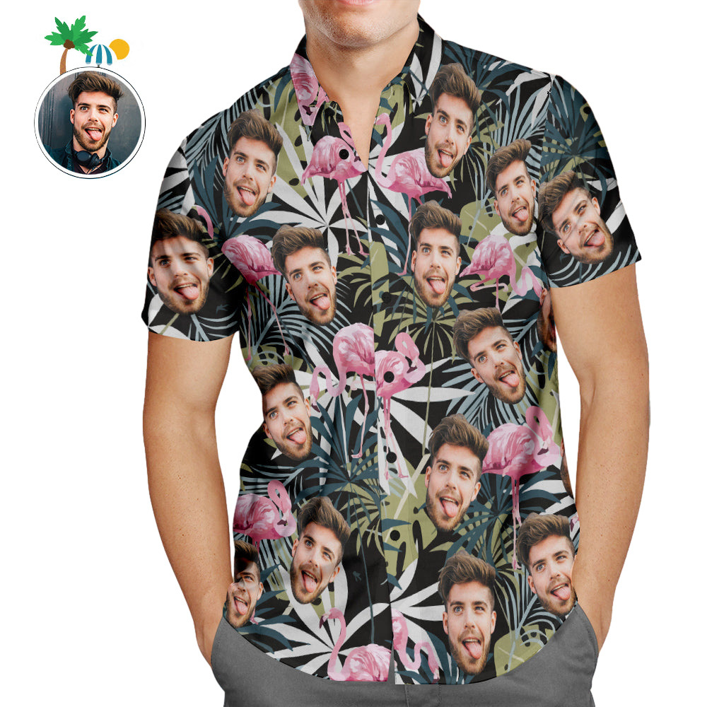 Custom Face Hawaiian Shirt Leaves and Flamingo Personalised Aloha Beach Shirt For Men