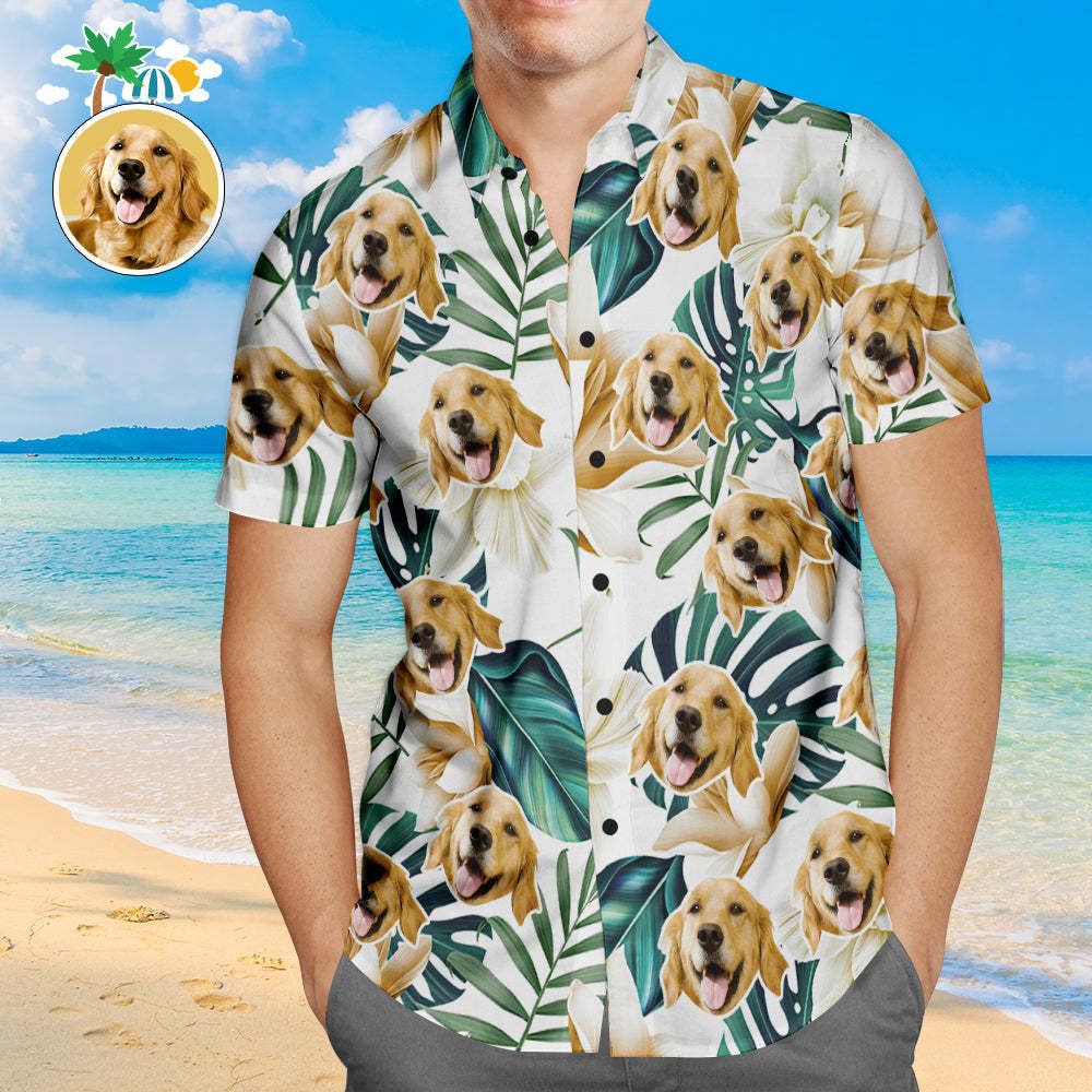 Custom Face Hawaiian Shirt White Flowers Personalised Aloha Beach Shirt for Pet Lover - makephotopuzzleuk