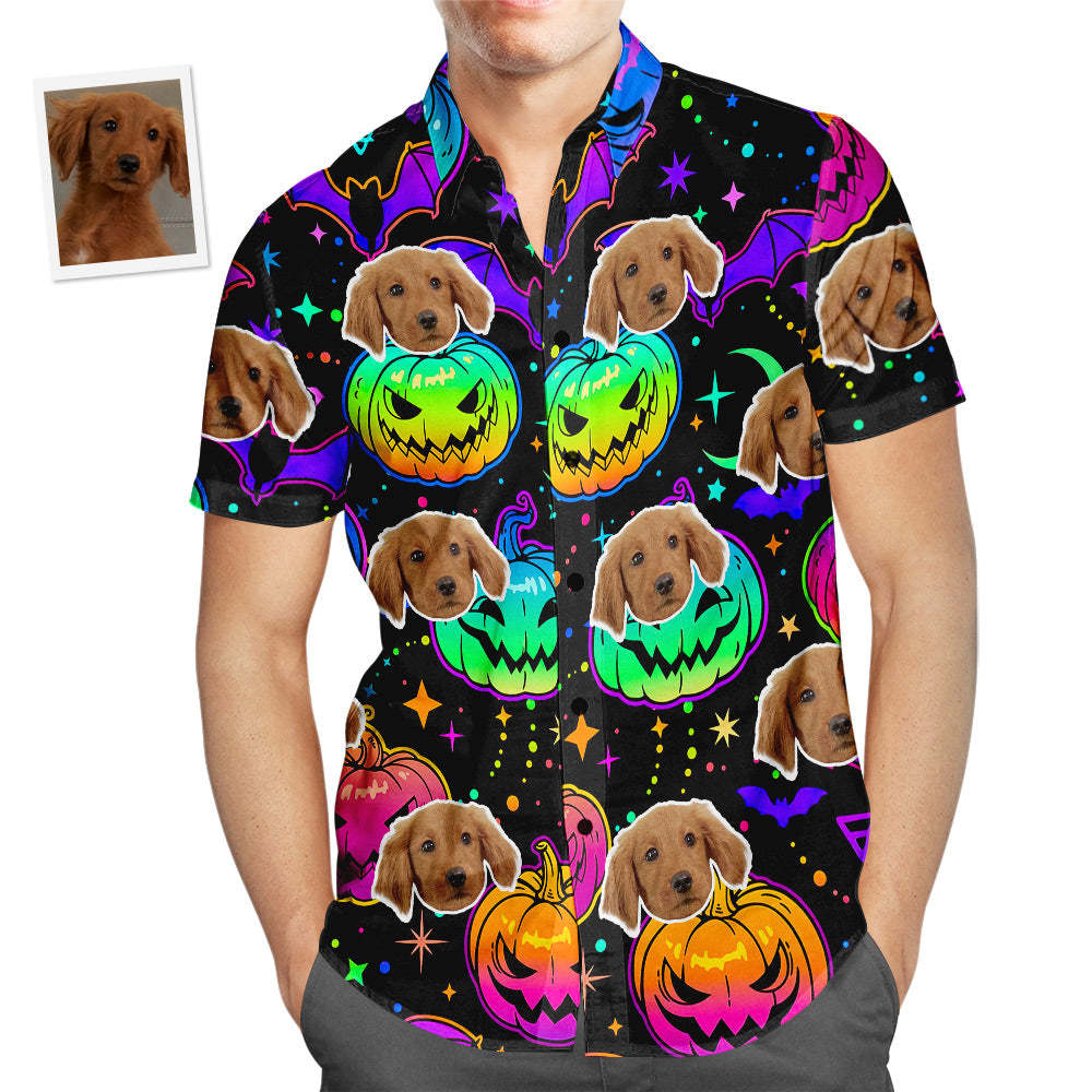 Custom Face Hawaiian Shirt Vintage Halloween Pumpkins Men's Popular All Over Print Bright Multicolored Pumpkins And Bats Hawaiian Beach Shirt Holiday Gift - PetGiftsCustom