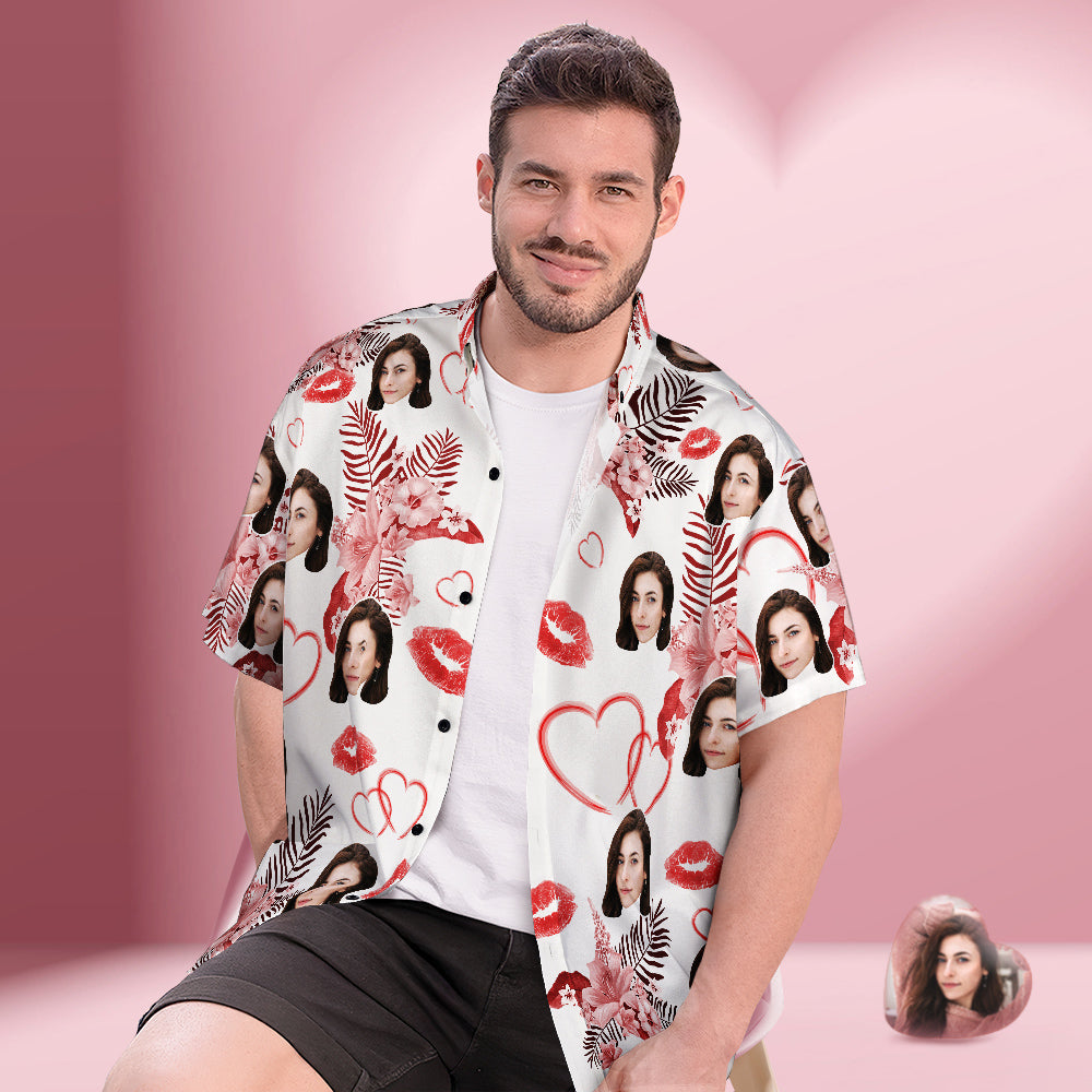 Custom Face Hawaiian Shirt Men's Popular All Over Print Hawaiian Beach Shirt Valentine's Day Gift - Romantic Hawaiian Flowers