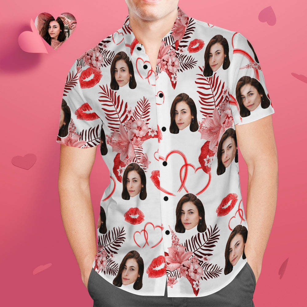 Custom Face Hawaiian Shirt Men's Popular All Over Print Hawaiian Beach Shirt Valentine's Day Gift - Romantic Hawaiian Flowers