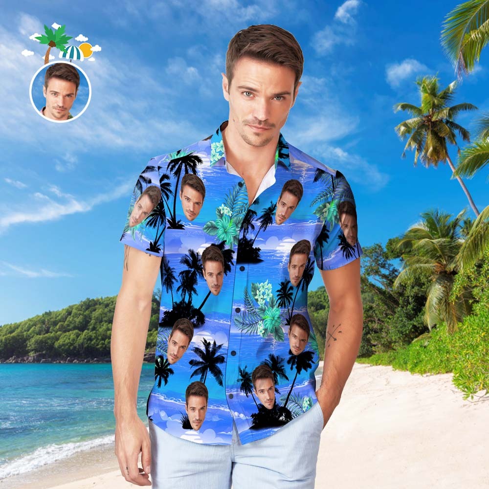 Custom Face Hawaiian Shirt Men's Popular All Over Print Hawaiian Beach Shirt Holiday Gift - Blue Coast