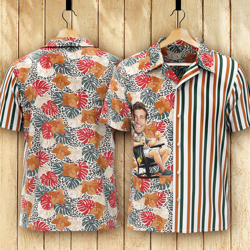 Custom Face Hawaiian Shirt Brown flowers Men's All Over Print Striped Aloha Shirt