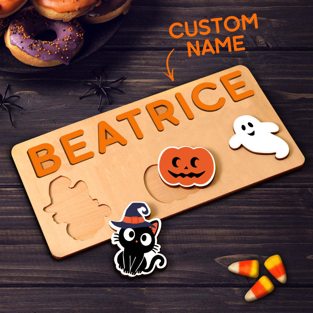 Custom Halloween Wooden Name Puzzle Toy Personalised Name Puzzle Montessori Toy Gift for Baby - makephotopuzzleuk