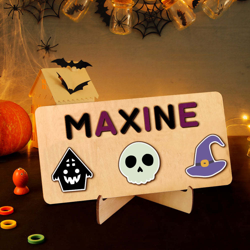 Custom Halloween Wooden Name Puzzle Toy Personalised Name Puzzle Montessori Toy Gift for Baby - makephotopuzzleuk