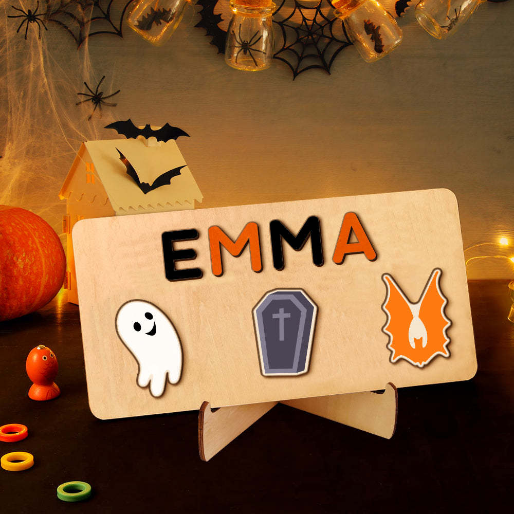 Custom Halloween Wooden Name Puzzle Toy Personalised Name Puzzle Montessori Toy Gift for Baby - makephotopuzzleuk