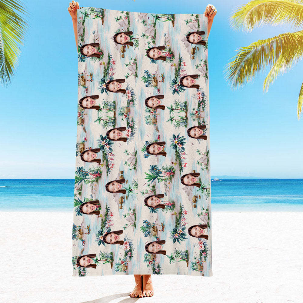 Personalised Face Beach Towel Custom Hawaiian Style Beach Towel Funny Gift - makephotopuzzleuk