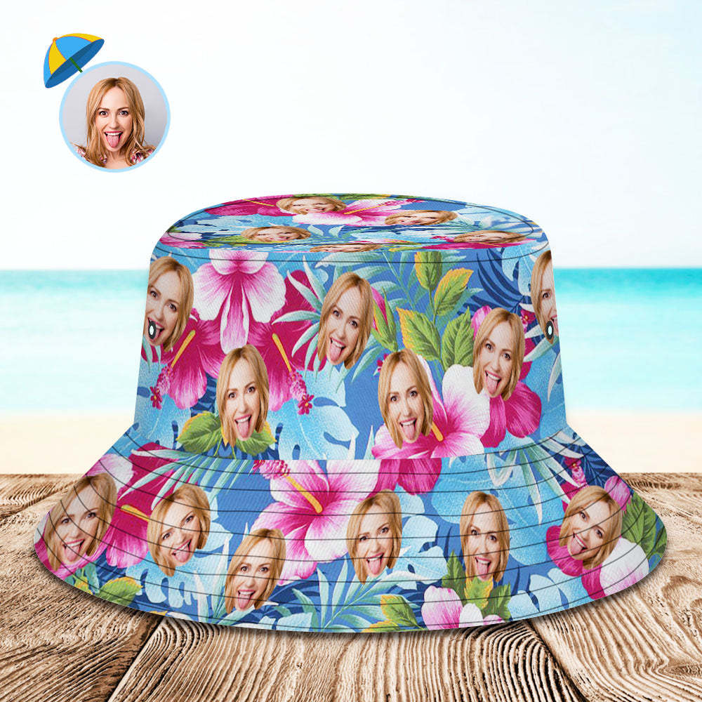 Custom Bucket Hat Personalised Face All Over Print Tropical Flower Print Hawaiian Fisherman Hat - Pink Flowers