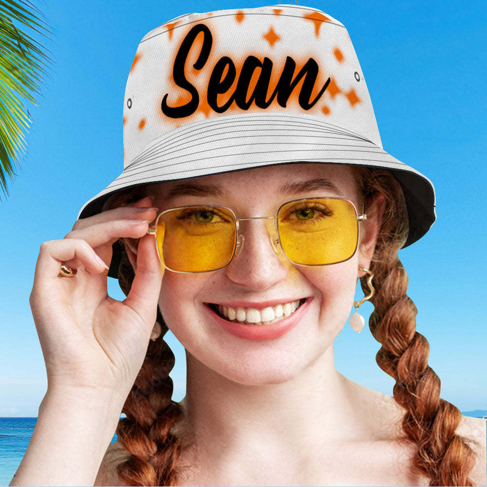 Custom Bucket Hat Adult & Kids Unisex Bucket Hat with Text Personalised Wide Brim Outdoor Summer Cap Hiking Beach Sports Hats - Orange Star