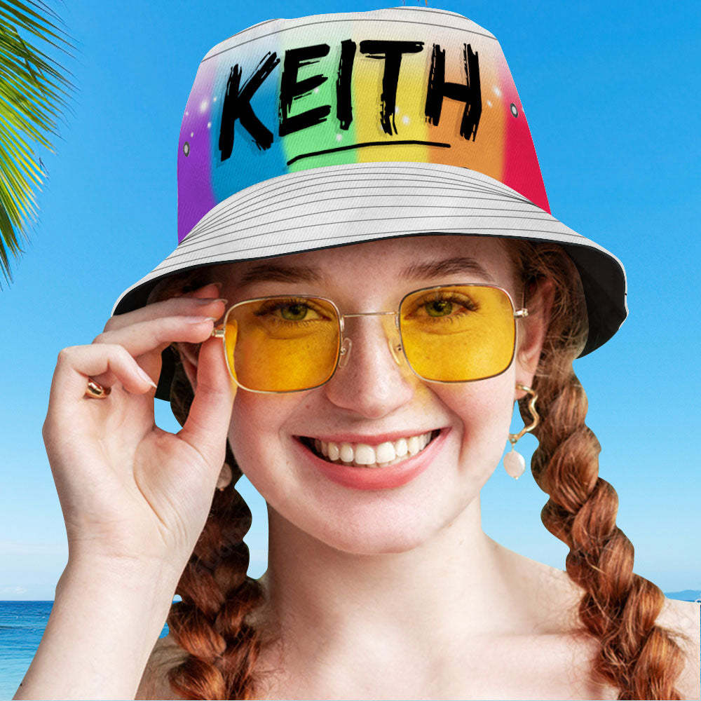Custom Bucket Hat Adult & Kids Unisex Bucket Hat with Text Personalised Wide Brim Outdoor Summer Cap Hiking Beach Sports Hats - Airbrushed Rainbow